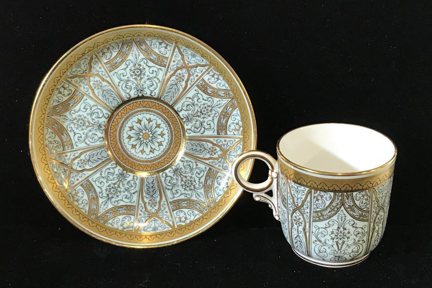 Set 6 Vintage ROYAL WORCESTER Demitasse & Saucers: 13 pcs total, 6 cups, 7 saucers. Sea foam green and gilt, all with purple Royal Worcester hallmark on undersides. Saucer, 4. 25 in , cup 2.25 in tall, 3 in wide, 2 in cup diameter. Fine Bone China, En