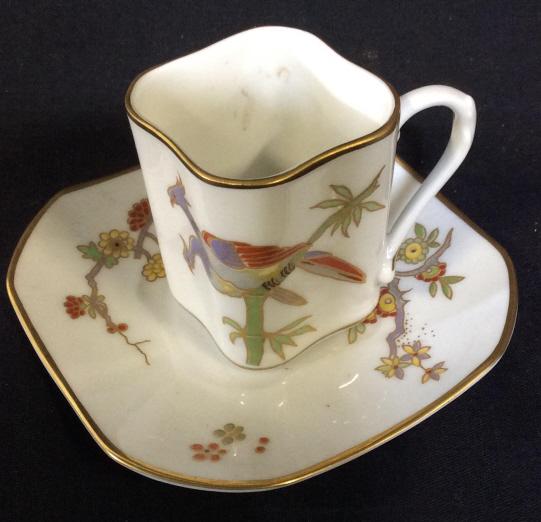 Richard Ginori Peacock Demitasse Cup+ Saucer: Lot 3 pcs total. Royal Stafford Fine Bone China Trinket Dish, decorated with multi peacocks, bright gold rim, all on white porcelain. 4.5 in diameter. Made in England, hallmarked. Italian Porcelain Ar