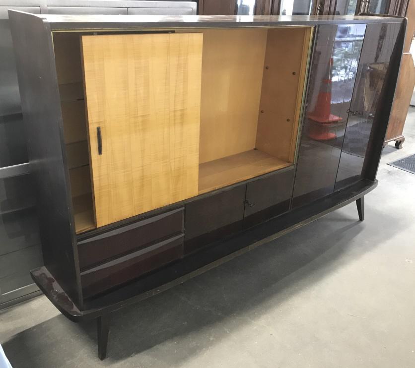 BARTELS WERKE Mid Century West German Cabinet: MCM BARTELS-WERKE West German Lacquered Front Wall Unit Cabinet, dark toned wooden exterior, a portion of interior is in lighter toned wood with matching lacquered sliding door and two interior glass 