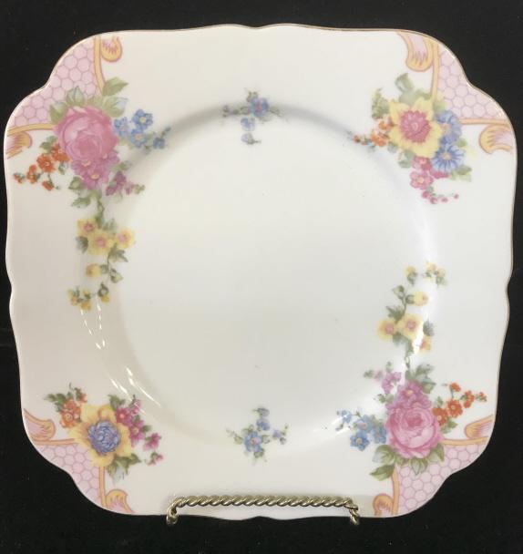 Japanese KONGO CHINA ‘Bridal Rose’ Plate Set, 6: Square shape ( octagonal) china plates, hand painted in Japan, hallmarked on all, most plates have faded design from use, no surface chips or cracks, Bridal Rose Pattern. 7.5 In. Kongo China Bridal Ro