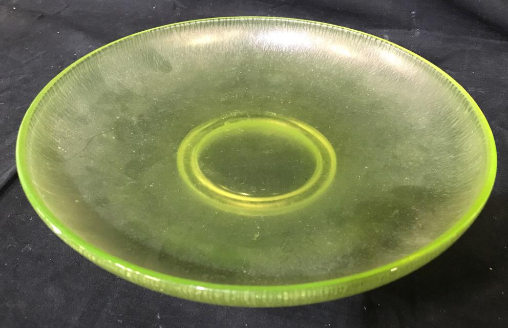 Green Toned Art Glass Bowl: Bowl is green toned and glass. Piece measures approx 10.5 inches wide 2 inches tall. bowl, serving vessel, decorative arts and accessories, tableware, tabletop decor 6