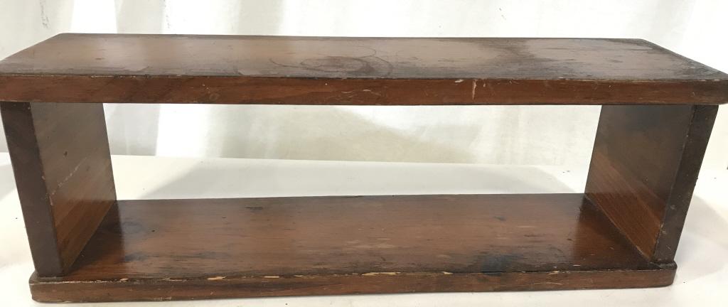 Double Shelf Multi Purpose Wood Shelf Shelf: Vintage wood shelf, shellacked, bottom and top layer, very sturdy and of solid wood. 19 3/4 in long, 5. In wide, 6 3/4 in ht. Just over 5 in. width between shelves. Has surface scratches, areas of dar