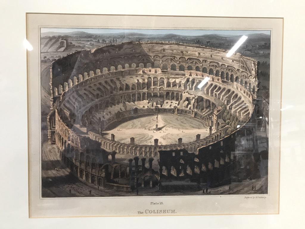 Vintage Engraving THE COLISEUM By M DUBOURG: Vintage Engraving Print THE COLISEUM By M DUBOURG, plate 13, possibly hand colored, framed in a gilt wood frame and cream toned mat, not examined out of frame, marked on back with Bordas Art & Frame S
