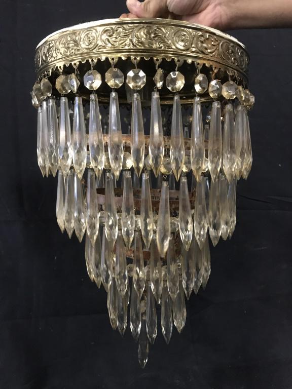 Four Tiered Sheriden Regency Style Chandelier: Vintage Sheriden Regency Style Four Tiered Flush-mount Chandelier with U drop glass prisms and brass toned metal ceiling plate, marked on underside of ceiling plate with Union Made label and Underwrit