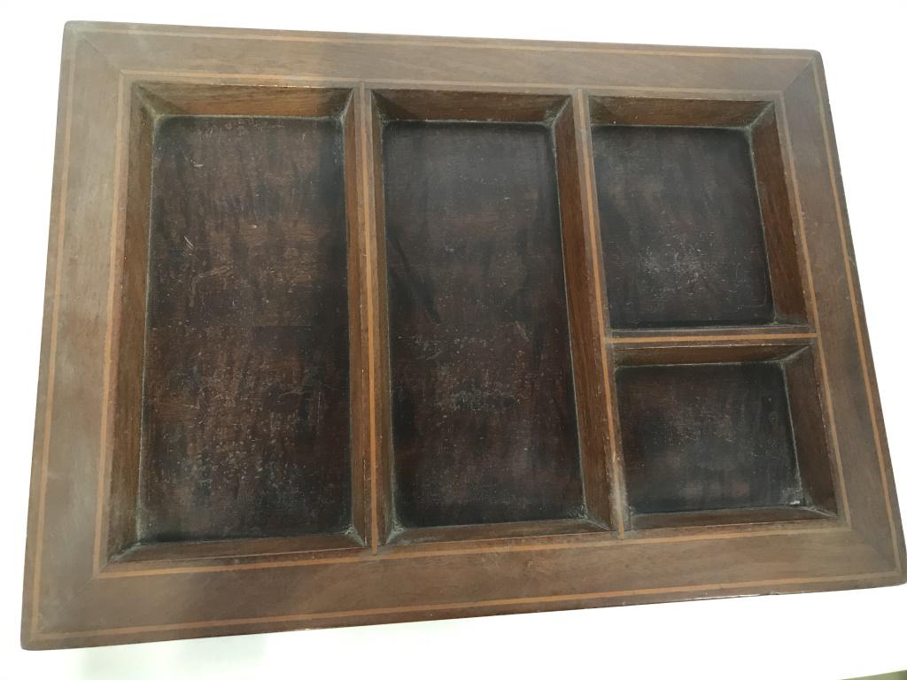 Mahogany Dresser-top Jewelry Organizer: Vintage Solid Wood Jewelry Tray, 4 compartments, burl wood bottom. Large compartments 8 x 3.5 in. Tray measures 14 1/4 x 10 1/4 in. Some surface abrasions due to use and age. Sturdy construction. Jewe