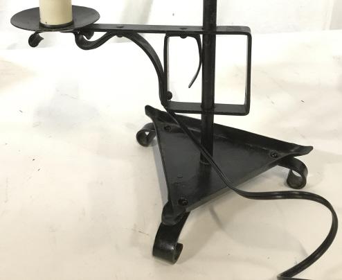 Iron Chamber Stick Swing Arm Craftsman Table Lamp: made of iron, bottom footed tray, swing arm rotates 360 degrees, center pole hook. Turn Switch. Very long cord. Light may need to be balanced with weighted accessories on tray or hook. 15 in tall, 13 