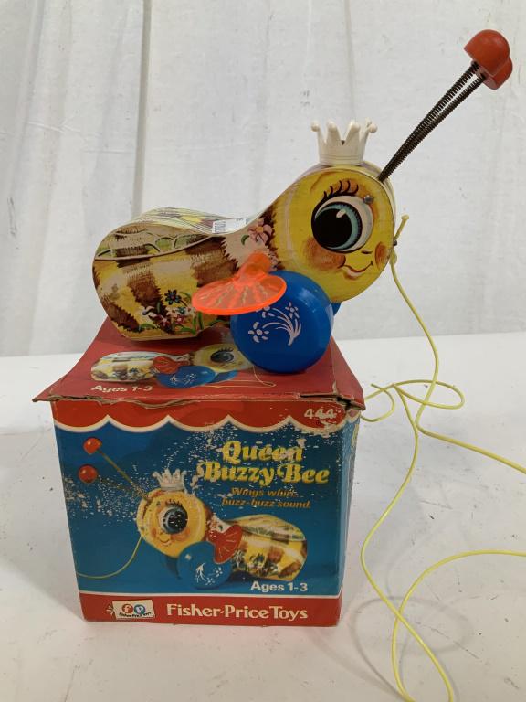 Vintage Queen Buzzy Bee Pull Toy w Box: Collectible wood toy with box, bumble bee, fisher Price Toys, comes with instruction booklet box measures 5 inches square, collectible toy, vintage, retro toy,