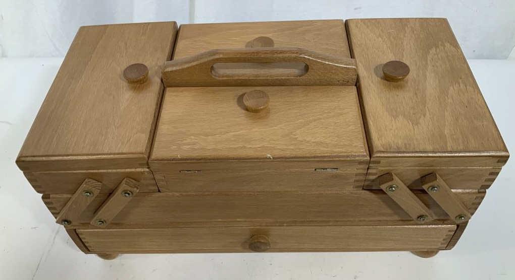 Vintage Compartmented Wood Sewing Box w Access: Vintage wood sewing box jewelry box, keepsake box, folds into neat rectangle or opens to reveal trays, drawers and compartments, comes with thread and sewing supplies, expandable box, measures closed