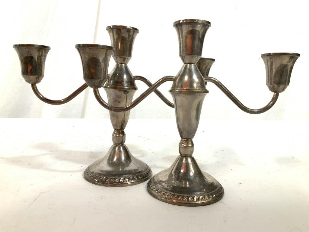 Pr Weighted Sterling Silver Candelabras: Pair sterling silver candlesticks, candelabras, marked underside for Sterling, each measures 8 inches hit width app 10 inches, tableware, sterling silver, candelabras, candle holders, tabletop accesso