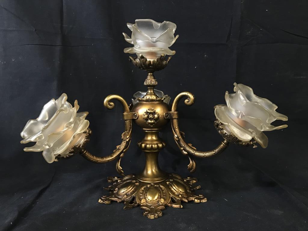 Rococo Style Chandelier W Rose Form Frosted Shades: Vintage Rococo Style Gilt Metal Possibly Brass Chandelier With four lights, three arms, scroll and acanthus leaf motif and rose bud form frosted shades, light not tested, measures approximately 12.5 i