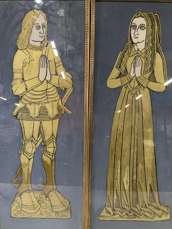 Pair RICHARD WOODVILLE & JACQUETTA Serigraphs: This is a pair of gold toned serigraphs. The artwork depicts the English nobleman RICHARD WOODVILLE, 1st EARL RIVERS, and his wife JACQUETTA OF LUXEMBOURG. Both works are set beneath glass in a wooden