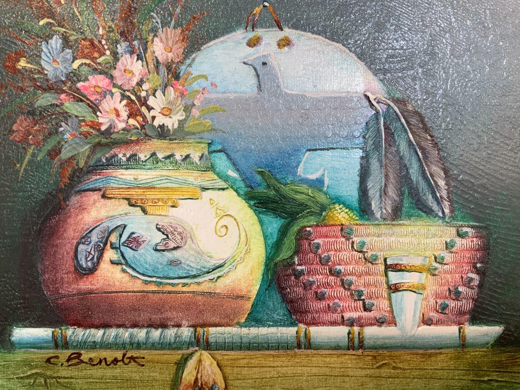 Signed Oil On Canvas CHARLES BENOLT: This piece is a framed painting by CHARLES BENOLT. The piece is set in a wooden frame. The paint is applied thickly, similar to an impasto style painting. Etchings have been carved into the paint, pro