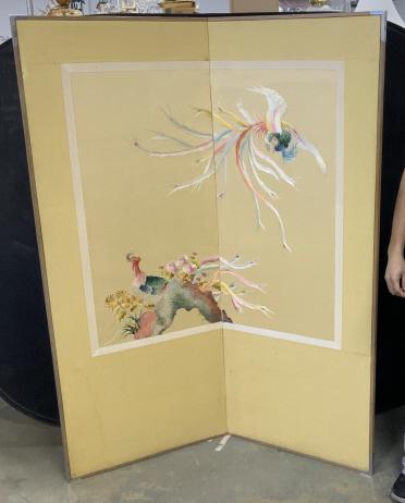 Vintage Two Panel Silk Screen Divider, Korea: This is a vintage, Possibly antique, two panel screen/room divider. The piece was crafted in Korea. The piece features a silk embroidery depicting peacocks, one perched, the other gliding through the