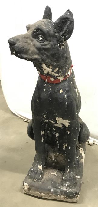 Large Weathered Cast Stone Dog Sculpture: Large Vintage Weathered Cast Stone Dog Sculpture, possibly Great Dane, with painted black and red finish, This large and beautifully-weathered cast stone Great Dane statue will make a striking additio
