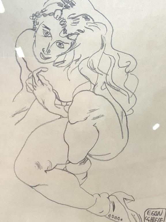 Signed Graphite On Paper Attr EGON SCHIELE: Contorted Figural illustration, signed lower right EGON SCHIELE (Austrian 1890-1918), After EGON SCHIELE. The piece Depicts a female figure holding her left arm to her chest, her fingers extended and