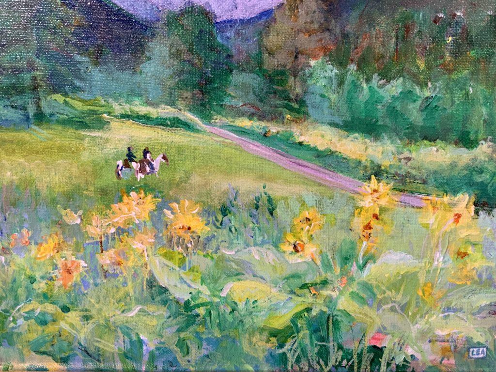 Signed Acrylic On Canvas Wilderness Art: This is a signed painting by HELEN LEA. The piece is signed LEA in the lower right corner of the piece. The piece depicts two people on horseback approaching a stream in a forest. The piece is set in 