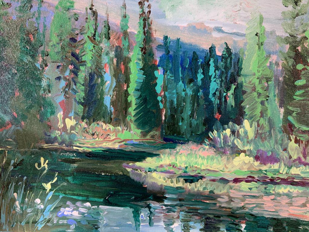 Signed Prairie Campsite Art Acrylic On Canvas: This is a signed painting by HELEN LEA. The piece is signed LEA in the lower right corner of the piece. The piece depicts a stream among towering trees.. The piece is set in a gold toned wooden frame.