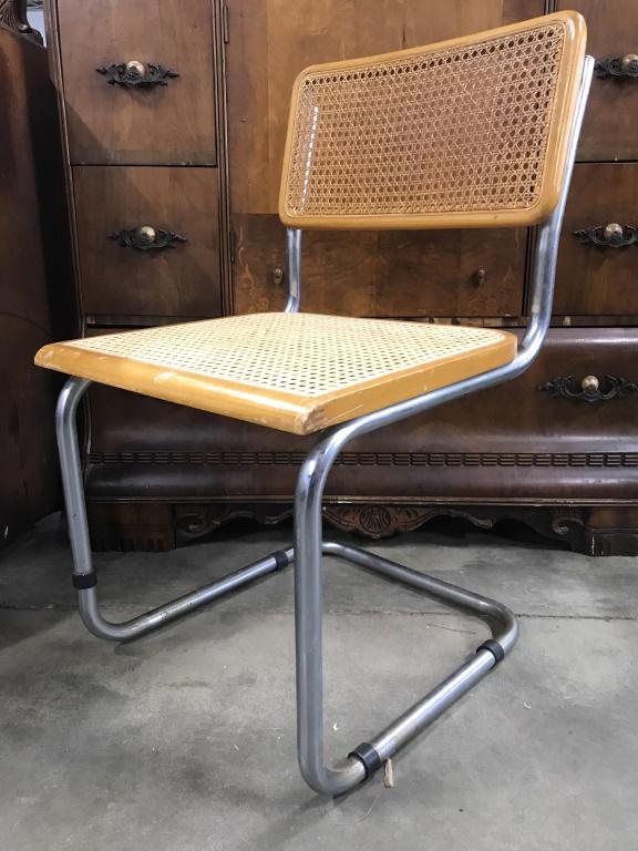 Pair Vintage Breuer Side Chairs: Side chairs are Marcel Breuer Style. Chairs are wooden and metal with Caned seat and backrest. Chair has metal frame. Side chairs, vintage chairs, vintage side chairs, Marcel Breuer Chairs, Breuer Cha
