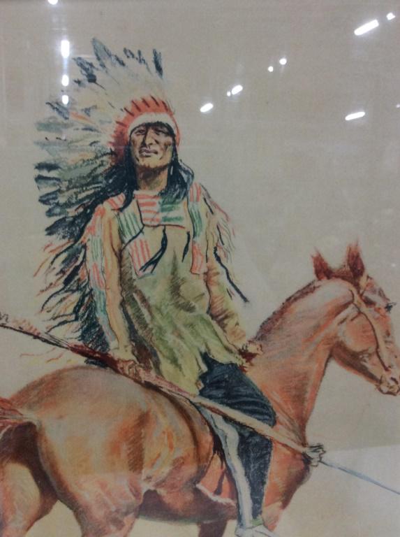 Antique Framed Lithograph, Signed F Remington: Signed lower right by Frederic Remington. Depicts Native American Chief on horse dressed with feather headdress and holding spear. Lower left reads ‘ copyright 1901 by Robert Howard Russell’ Frame