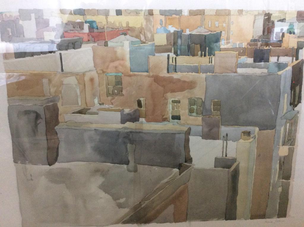 Framed Watercolor on Arches, Artist Denise Green: Signed Watercolor and sketched pencil, depicts roof tops of buildings . Signed ‘Denise Green’ , lower right in pencil. Artwork framed under glass, Hinged using acid free tape, floats on backboard.