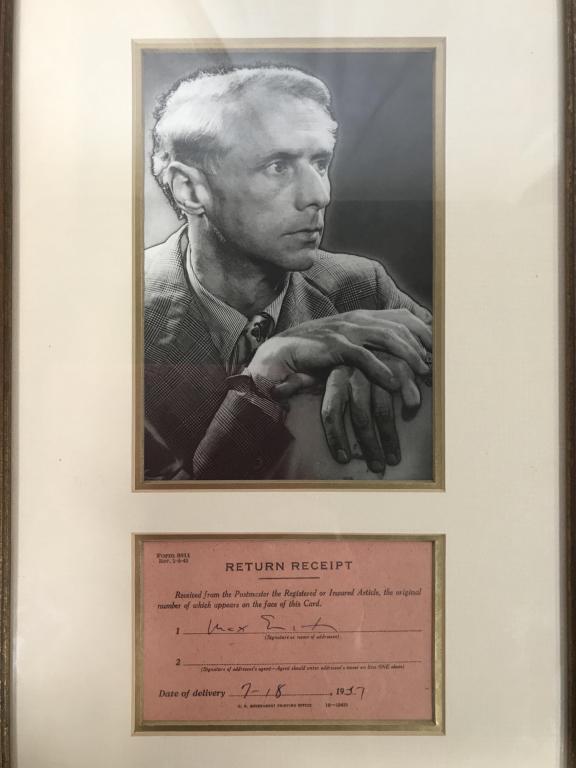 Max Ernst Photographic Portrait & Signature: Vintage Framed Black And White Photographic Portrait, possibly a Gelatin Silver Print of Max Ernst and official New York Post Office return receipt with Max Ernst signature dated 7-18, 1951 returning