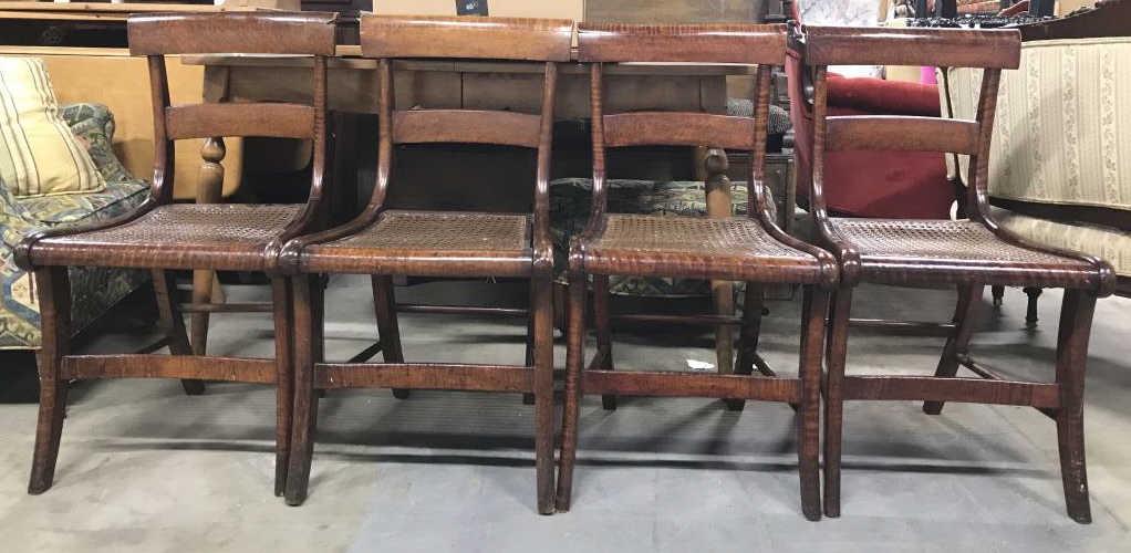 Set 4 Vintage Carved Wooden Caned Side Chairs: Side chairs are vintage. Each chair is wooden with Caned seats. Chairs have stretchers between legs. Each measures approx 32 inches tall 17 inches wide 19 inches deep. Side Chairs, dining chairs, wood