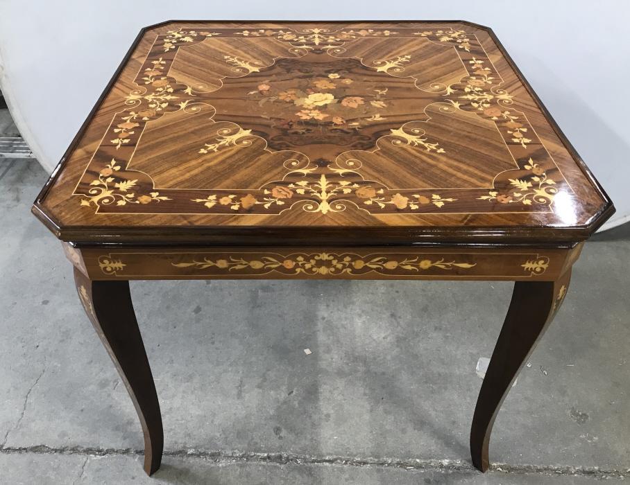 Vintage Italian Inlaid Wood Multi Top Games Table: Vintage Italian Inlaid Wooden Games Multi Table with intricate floral, scroll and leaf design, possibly from the Melany factory in Italy, games table converts to choice of backgammon, Chess/checkers, 