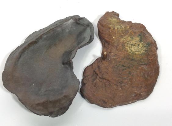 Set 4 Vintage Hand Crafted Bronze Oyster Trays: This is a set of four bronze trays. Each tray has been cast to resemble half of an oyster shell, one of the trays bears an anvil hallmark. The trays are vintage and show some signs of wear consistent 