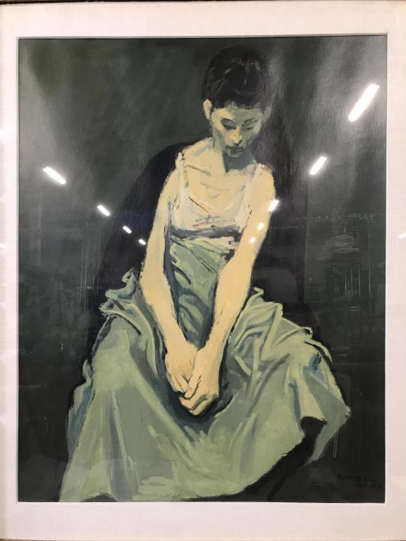 Signed Raphael Soyer (Amer 1899-1987) Art Print: Canvas on board,piece not inspected outside of frame, high quality print, possibly serigraph, Signed twice RAPHAEL SOYER, once appears to be in print, and professionally framed, depicting a woman sitt