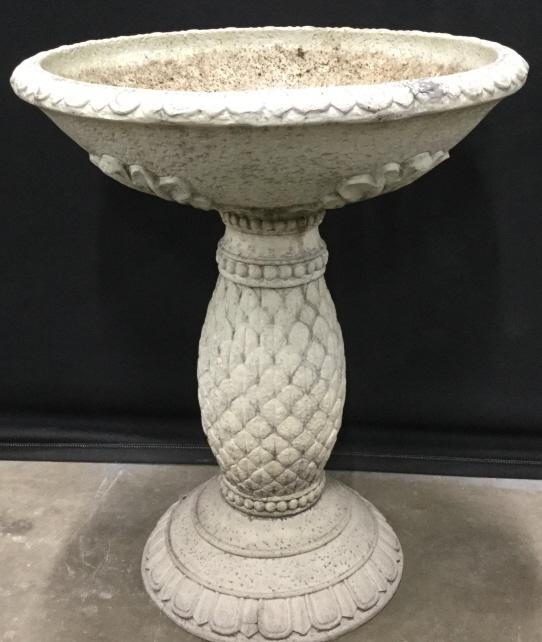 Composite Pedestal Form Outdoor Birdbath: This is a birdbath sculpted to resemble an intricately Detailed Column. The piece measures approx 25.5 inches H and 21 inches W. There is wear present, the wear is consistent with exposure. The piece 