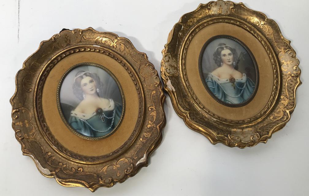 Signed Pair Charlotte De Ragon Painted Portraits: Vintage possibly antique, Pair of painted portraits of Charlotte De Ragon. Backsides read Made in Italy Hand Painted. Frames are painted in a gold tone. Evident surface wear and chipping to paint on f