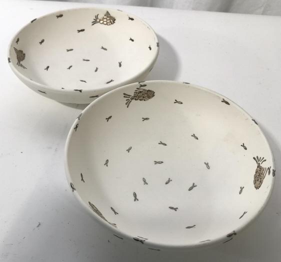 Pair Emilia Castillo Plata Pura Mexico Bowls: Bottom reads EMILIA CASTILLO PLATA PURA MEXICO MR 2. Other bottom reads EMILIA CASTILLO PLATA PURA MEXICO MR 23. fish design. Measures approximately 7 inches in diameter and approximately 2 inches in 