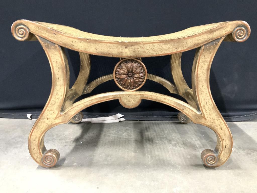 Pair Vintage Victorian Style Carved Wooden Benches: Lot includes 2 benches. Each piece has Victorian style. Bench seats are caned. Each piece has light yellow tone with areas which appear to be gold leafed. Upper and lower corner areas of benches have 