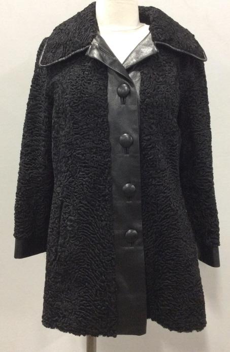 Luxe Persian Lamb and Leather Coat, Sz M: Slick contemporary style Coat, Black leather & Astrakhan Wool, also known as Persian Wool from newborn lamb. Appears almost new. APP size M. Button down leather covered buttons, Lined interior includi