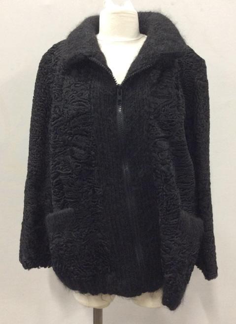 Luxury Persian Lamb Jacket, Sz L: Contemporary style Jacket, All black Astrakhan Wool, also known as Persian Wool from newborn lamb. Jacket appears almost new. APP size L Zippered front, Lined interior including sleeves, Cuff of sleev