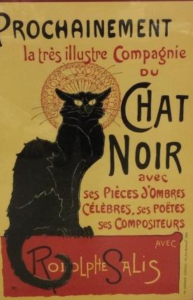 Grand Framed Nightclub Ad Chat Noir Poster: Replica of 1896 exhibition ad for a French Cabaret Group. Original Lithograph by by artist Théophile Steinlen. Professionally framed under plexiglass, oversized poster, imprint by Charles Verneau, 44