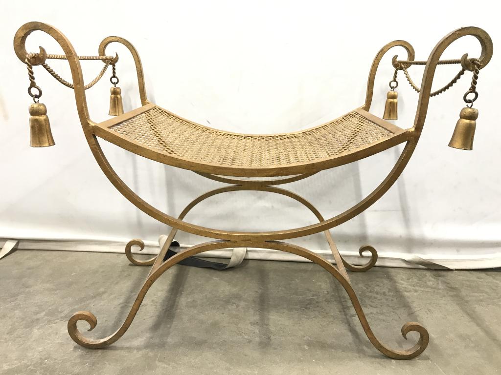 Vintage Gold Toned Metal C Curve Style Bench: Bench is gold toned and metal. Possibly brass. Piece has multi c curve structures. Sides of bench have tassel like structures. Piece measures approximately 29 inches long 23 inches tall 14 inches deep