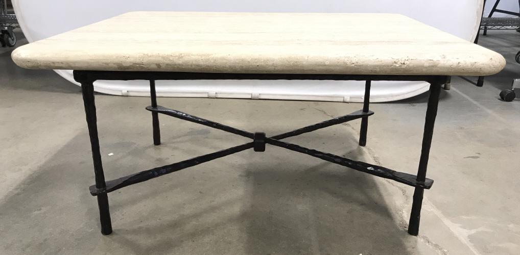 Carole Gratale Giacometti-Inspired Coffee Table: Appears to be stone top, possibly imitation or composite, blackened metal base with hammered / roughly hewn texture, four legs with base, 19 in tall by 37 in ling by 30 in wide. coffee table, home fur