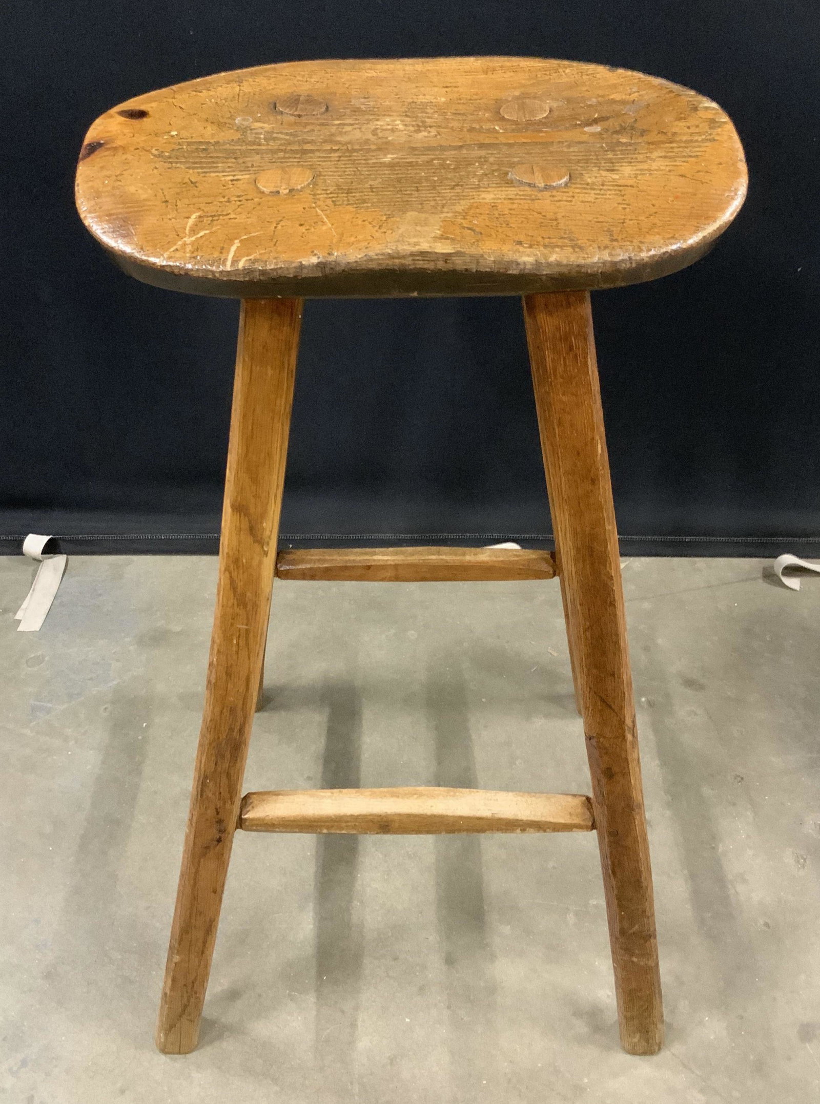 Vintage Wood Counter Stool: The Stool is wooden, and vintage, possibly antique. The piece Appears to be hand crafted and hand carved. Piece measures approximately 28 inches tall 16 inches wide 11 inches deep. The wear present is