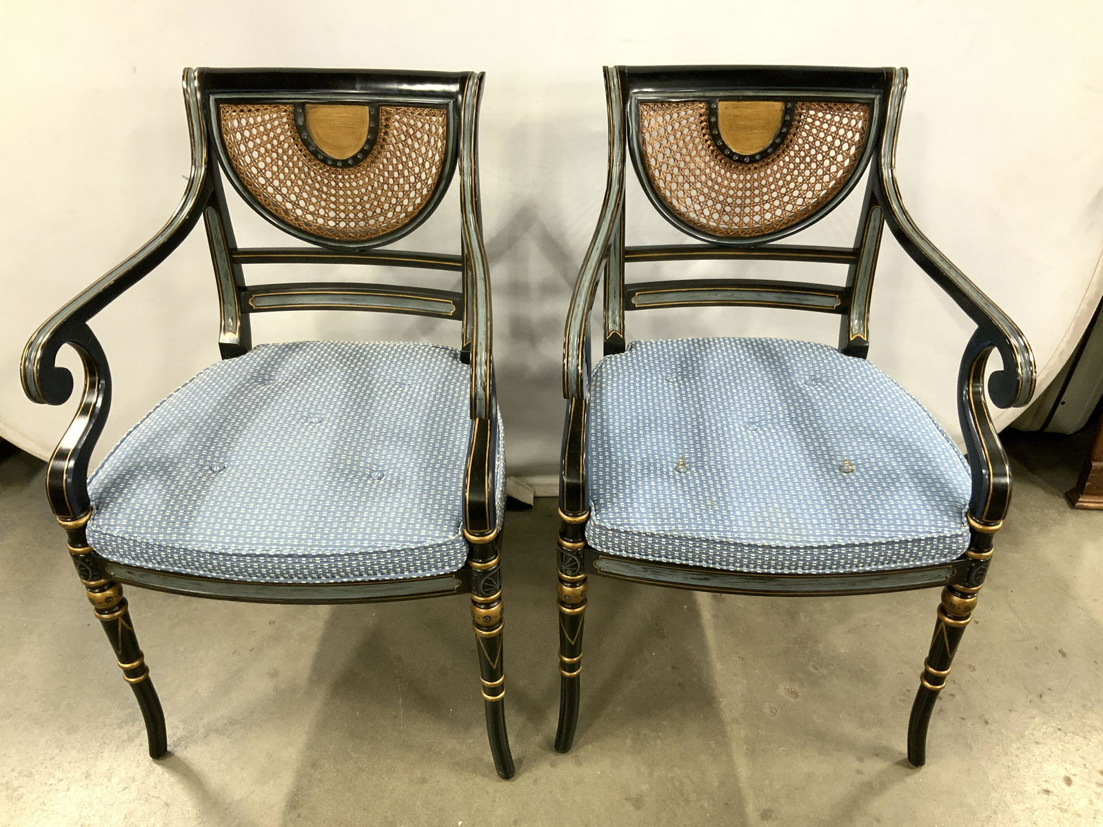 Pair Vintage Wicker Backed Dining Room Chairs: This is a pair of vintage, possibly antique, wooden dining room chairs. The backs as well as the seats are crafted from woven wicker, the seats on the chairs have torn, and are in need of repair. The
