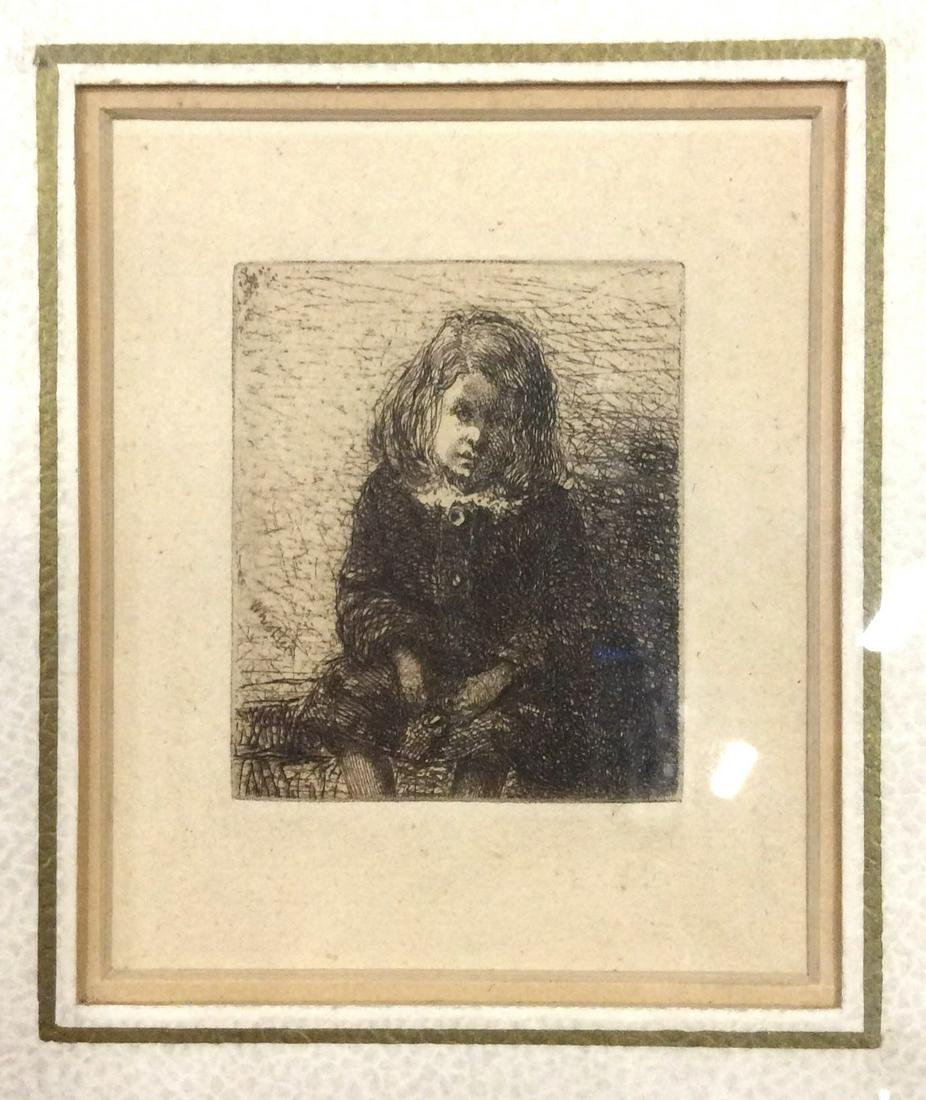 Little Arthur Etching, Attr Whistler: Antique Etching Print, apparently unsigned unnumbered but not inspected outside of frame. Attributed to James McNeill Whistler. Etching area measures approx 1 7/8 by 2 1/4, frame measures approximatel