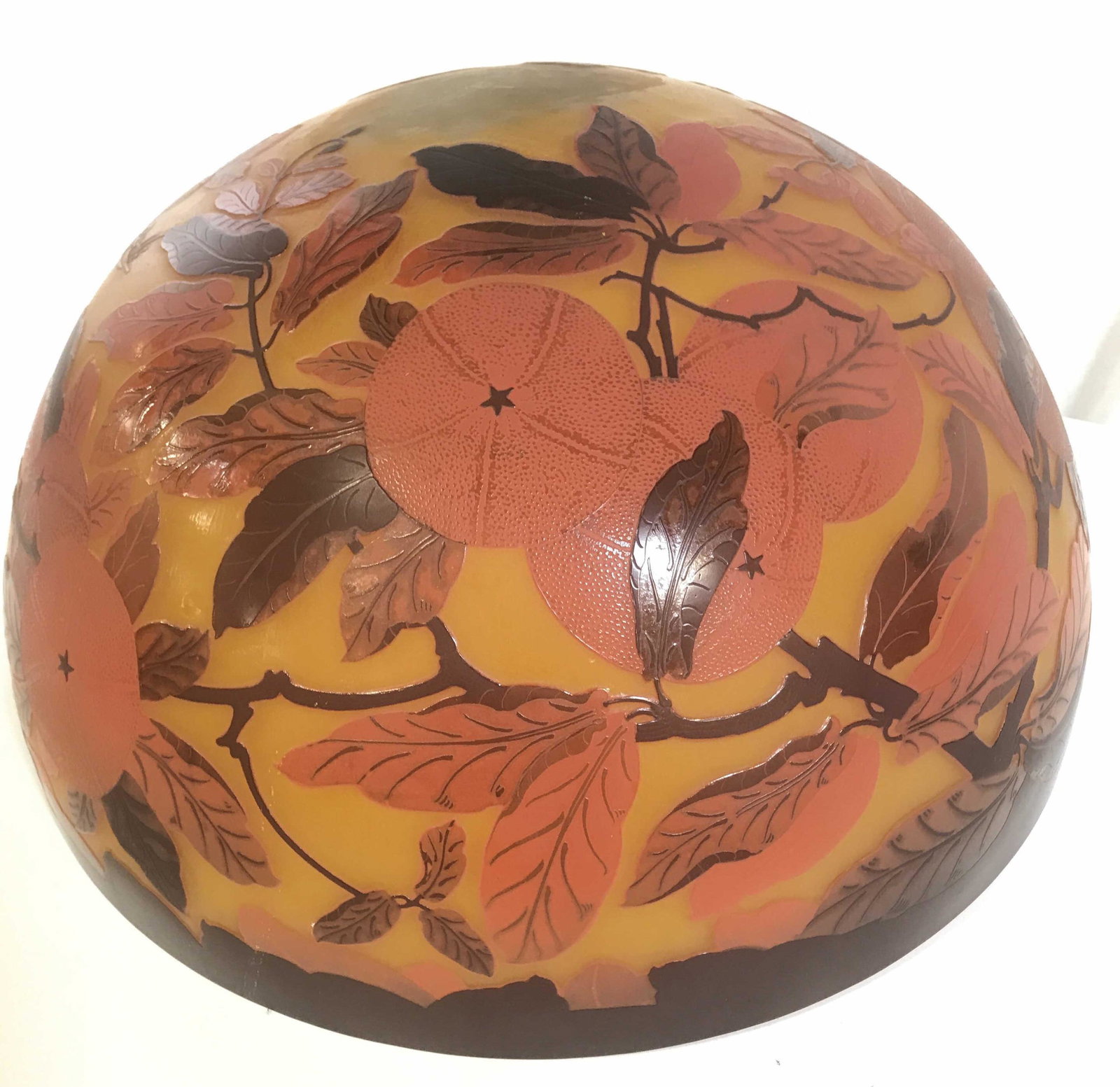 Vintage Cameo Glass SIGNED GALLÉ Lamp Shade: Emile Gallé Dome Art Glass Lamp Shade, ‘Orange’ Fruit & leaf Design in Relief. Possibly antique. Gallé signature in raised script, unverified. Center top discoloration. Glass has no other surfac