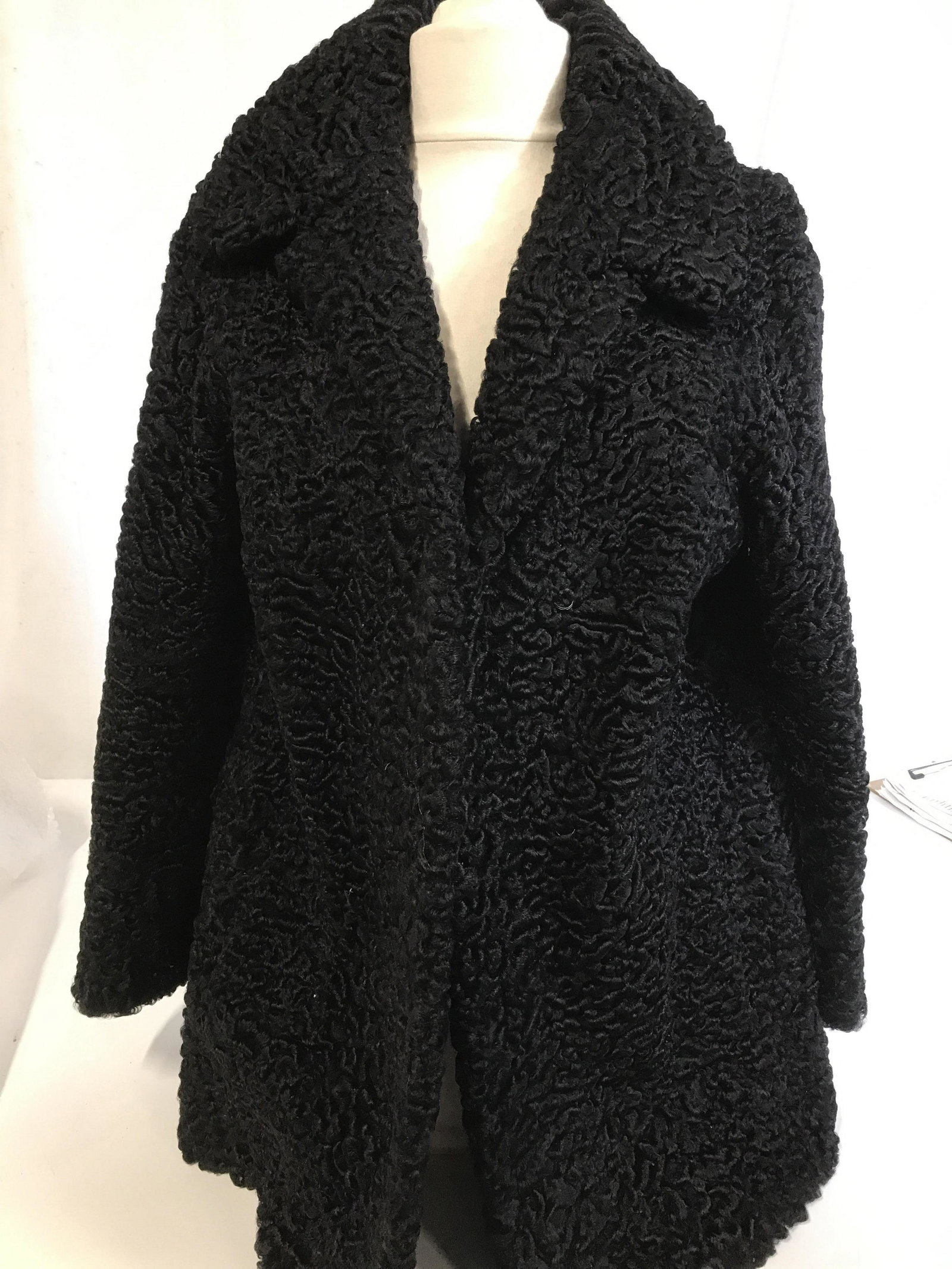 Luxury Persian Lamb Coat, Size S: Contemporary style mid length Coat, Black Astrakhan Wool, also known as Persian Wool from newborn lamb. Appears almost new. Size S, but roomy. Comfortable & warm. Hook and loop closure. Lined interior