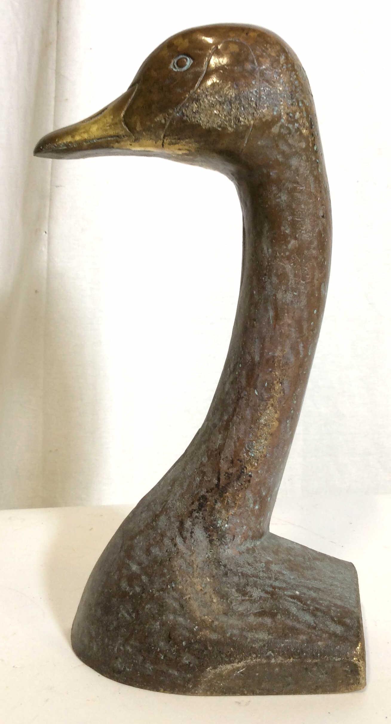 Bronze Tnd Canadian Goose Doorstop: Heavy weight metal, possibly bronze, depicts Canadian goose head and neck in relief, measures approx 13 in tall by 6 in by 3 in, Doorstop mantle piece decor, decorative arts and accessories, home acce