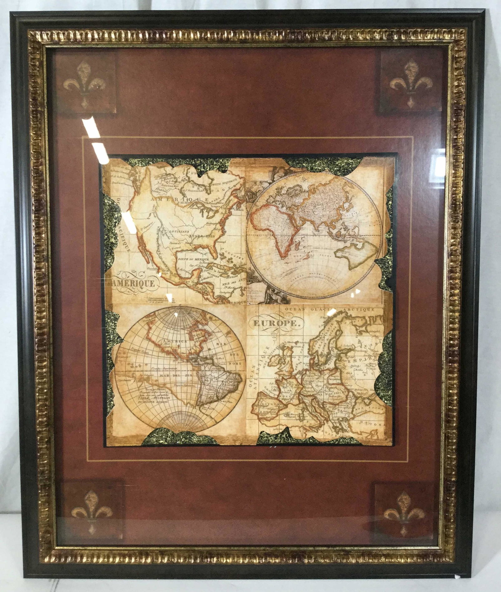 Framed Map art, Digital Print: Map art digital print with 3 dimensional design and textures details, in shadow box frame with textured details, fleur de lis motif designs in printed background, measures approx 25 in By 31 in. home 