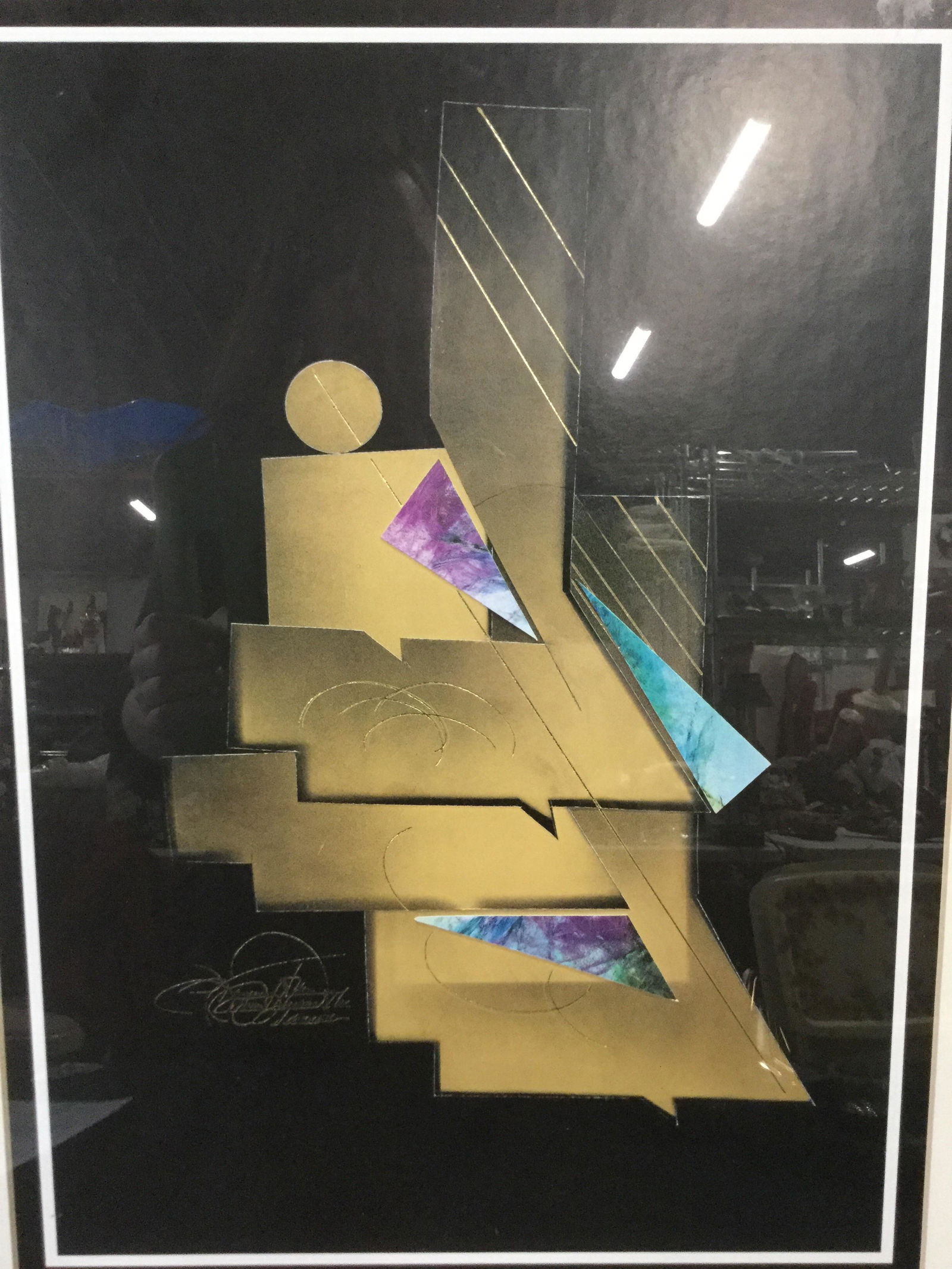 Geometric digital Print w Gold Tnd Embellishments: Geometric digital Print w Gold Tnd Embellishments Yellow ochre toned geometric areas with details of purple and blues, appears to be digital print of a paper collage with added gold toned details, sig