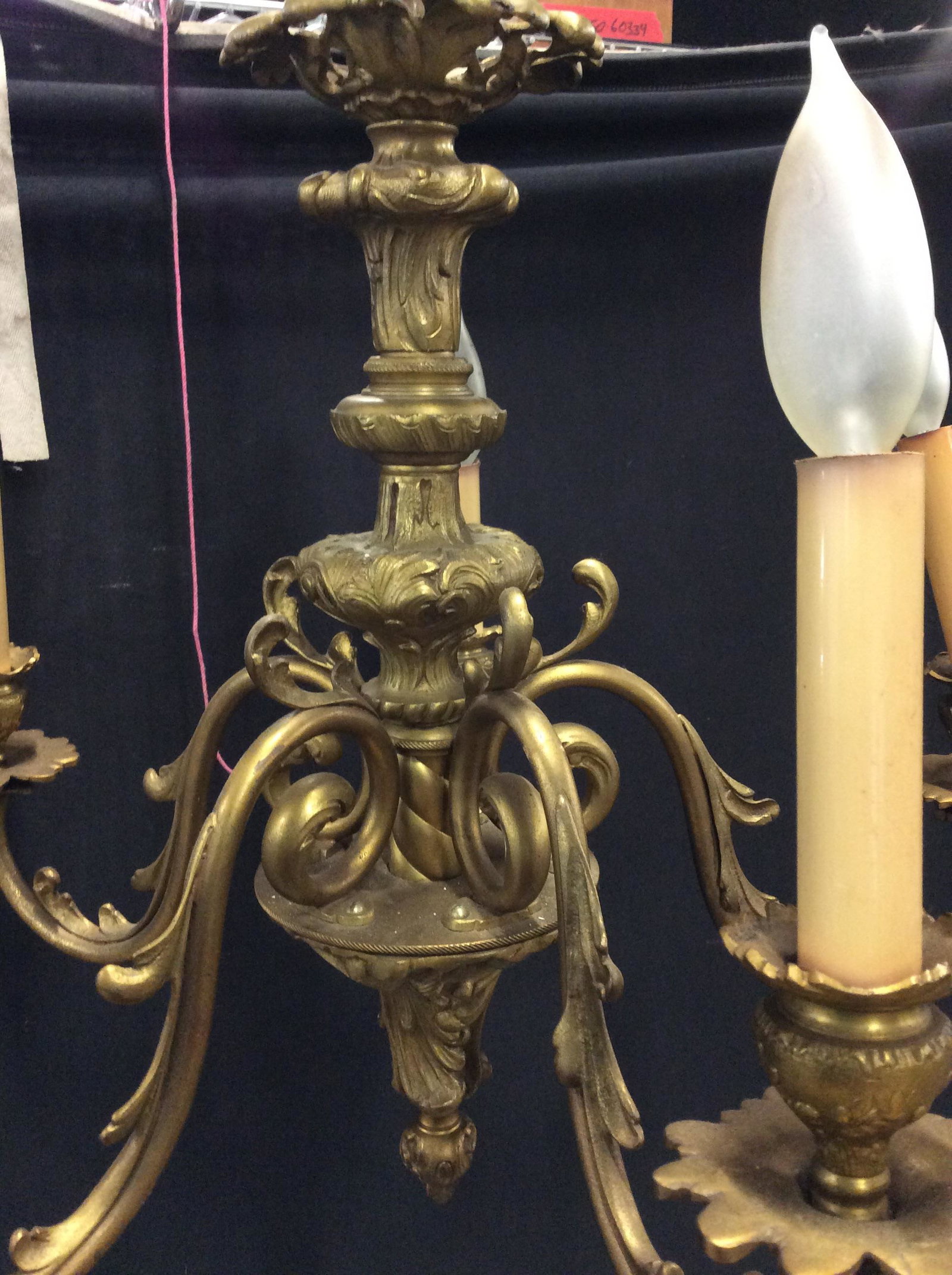 Vintage 5 Arm Victorian Bronze Ceiling Chandelier: Bronze chandelier with brass patina tones, 21 in wide, 23 in. long from ceiling plate. Many scroll design, Embossed Metal, neoclassical/ Victorian style, Includes ceiling plate. Lighting, Vintage Chan