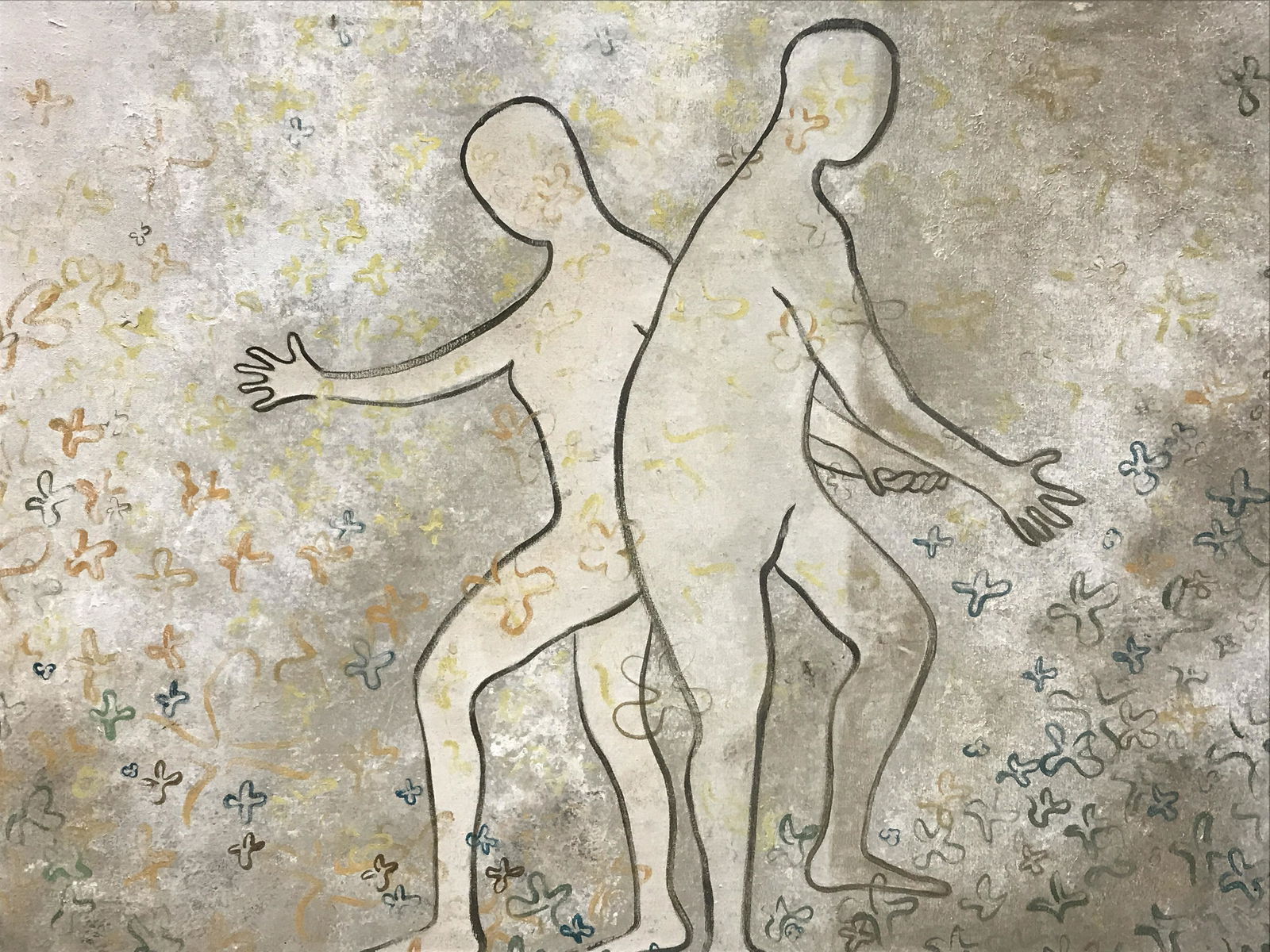 Acrylic on Canvas, Ghost Shadows Dancing: apparently unsigned, not inspected out of frame. Canvas on stretcher board, with simple pine wood used as a frame. 36 x 24 in. Wired for hanging. Depicts outlined male & female Figural forms colored w