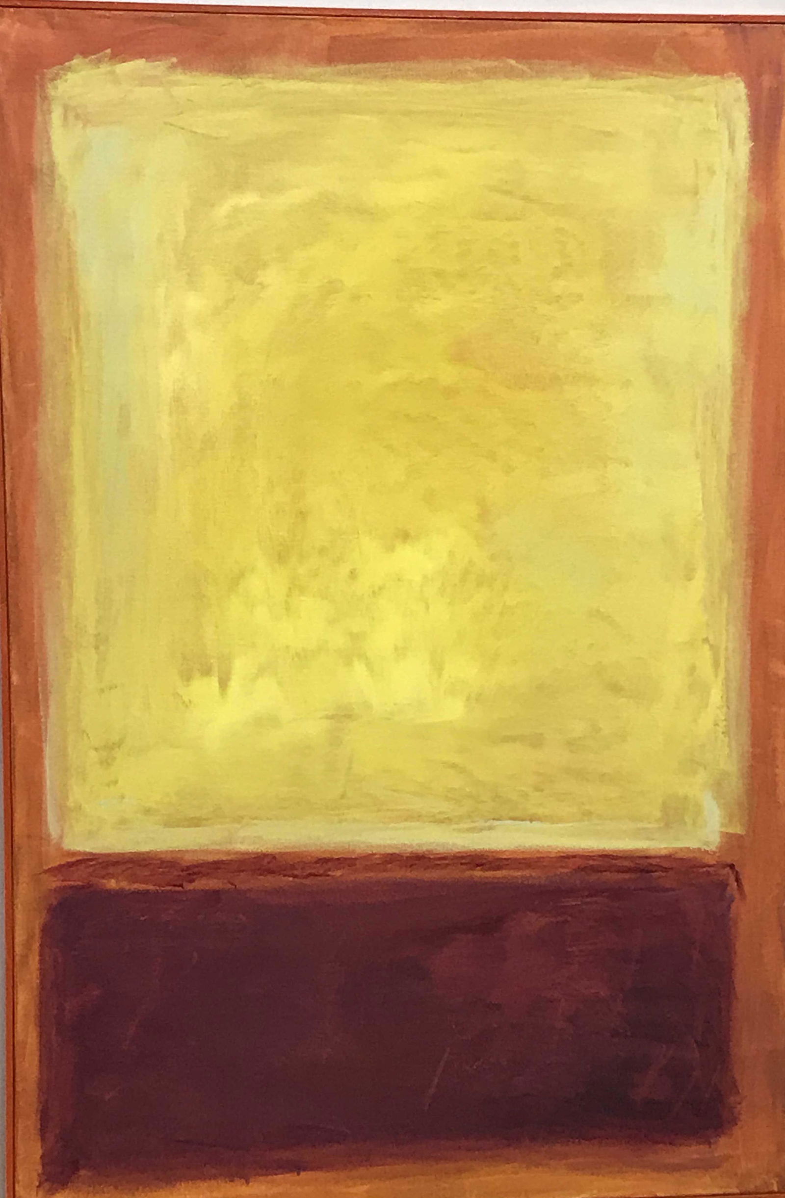 Composition Acrylic on Canvas after Mark Rothko: Abstract composition, acrylic on canvas (stretcher) framed in orange painted mid century wood frame. Tones of yellow, orange & maroon after iconic Mark Rothko composition. Some minor surface wear, pie