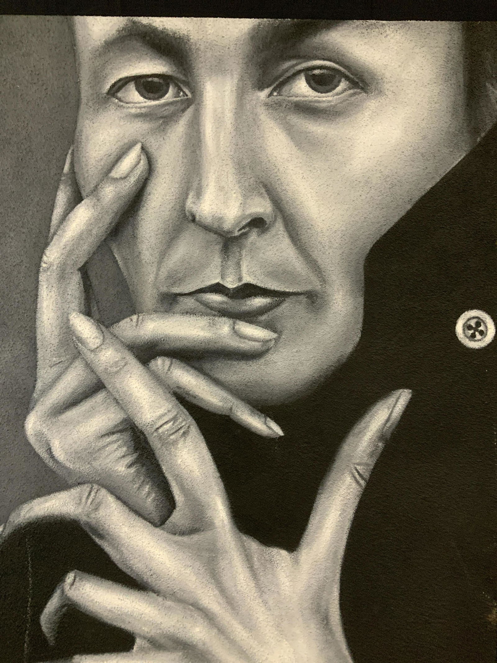 Filiberto Montesinos Castanon Oil Sand On Canvas: Signed Oil and sand mixed media black, grey and white toned painting on canvas, portrait of Georgia O’Keeffe, signed on lower right hand corner Filiberto/02, signed on reverse painted by: Fililibert